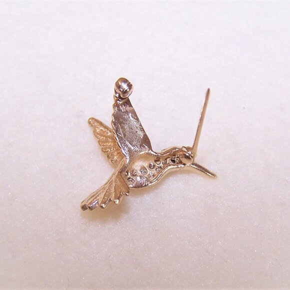 14K Gold Pave Diamond Blue Sapphire Pin Brooch - Hummingbird in Flight - Picture 6 of 7